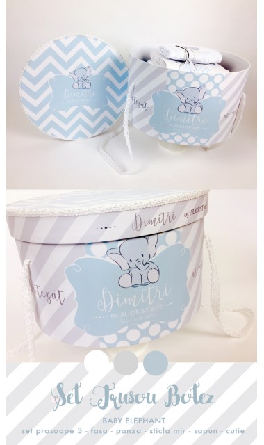 Trusou de botez cu broderie personalizata pentru baieti, Bleu & Grey Elephant 13
